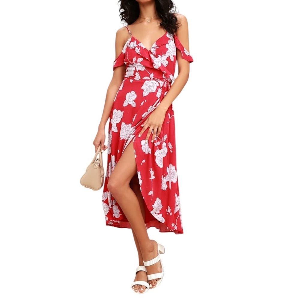 Lulus Bouquet Blooms Red Floral Print Off-the-Shoulder Wrap Dress Size Medium